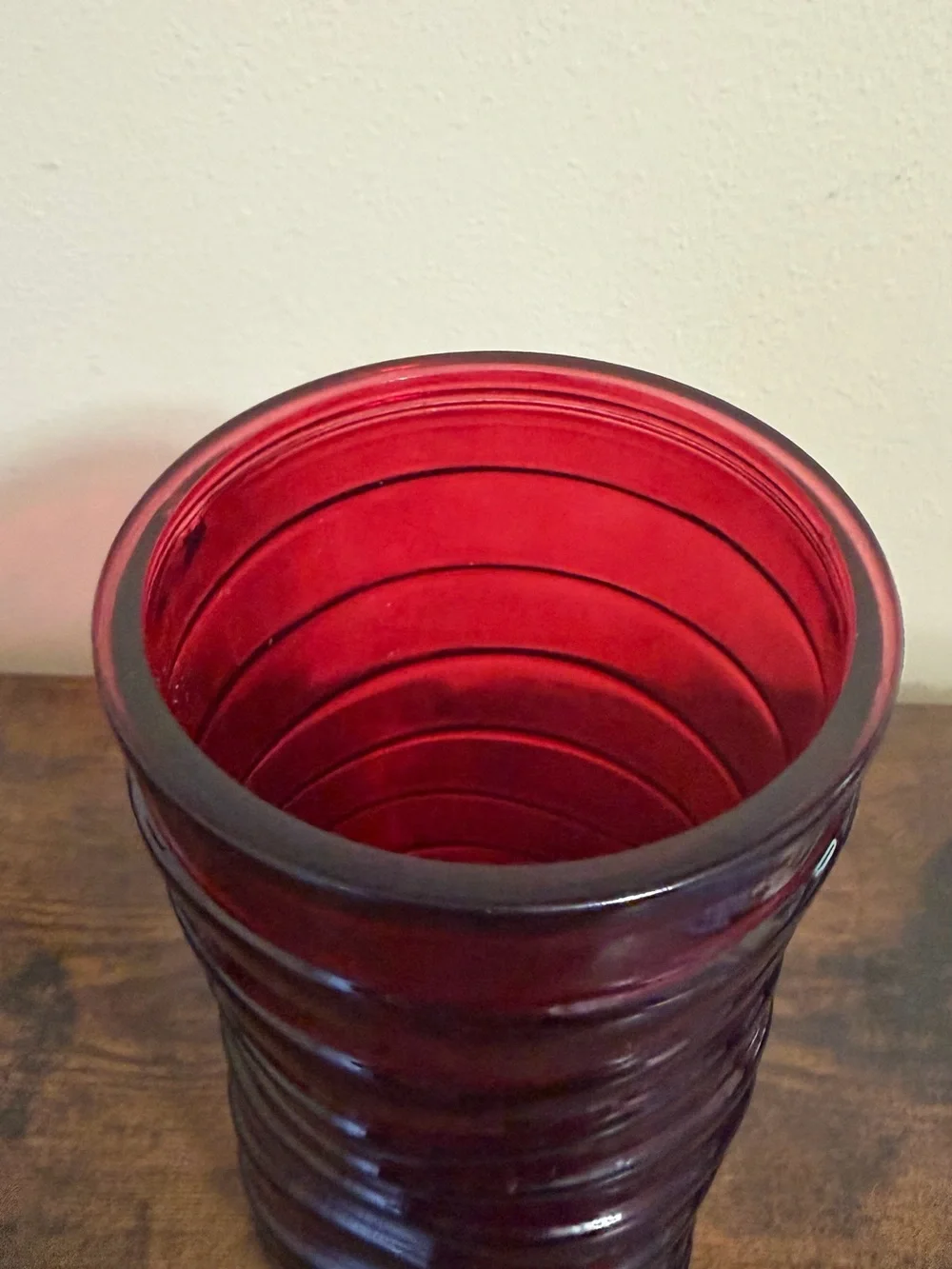 Red Hoosier Glass Vase- Swirl Texture- 8.5” Tall